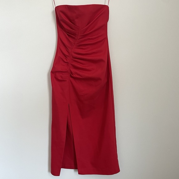 ZARA Red Ruched Cocktail Dress M NWT Strapless Slit Formal Valentine Prom Love - Picture 2 of 16